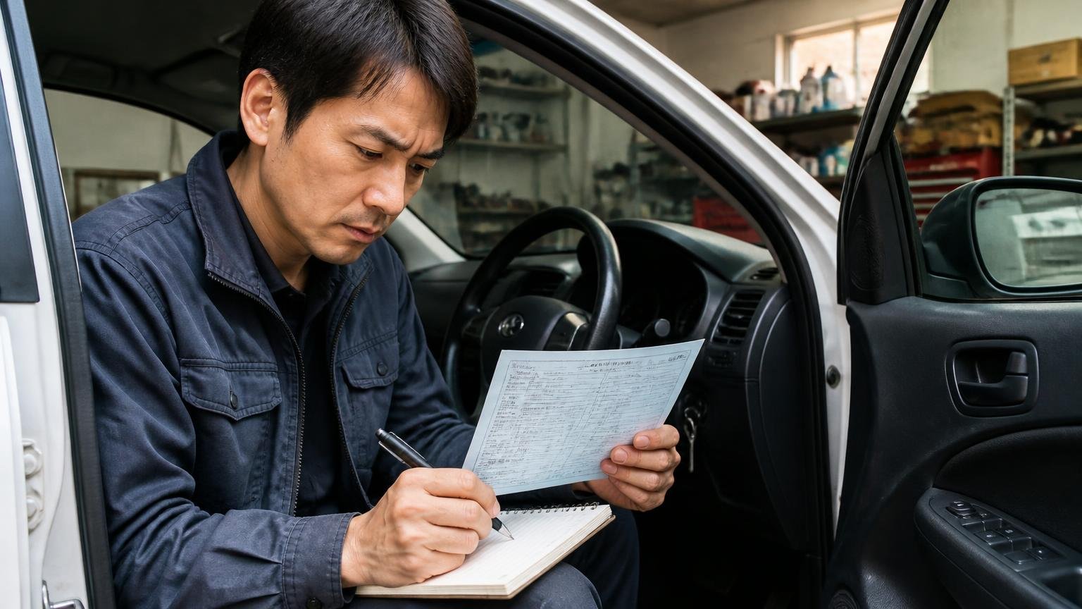 電話する前に手元にそろえるもの 早朝の車庫で運転席のドアを開け車検証と走行距離をメモする男性1人、真剣な顔