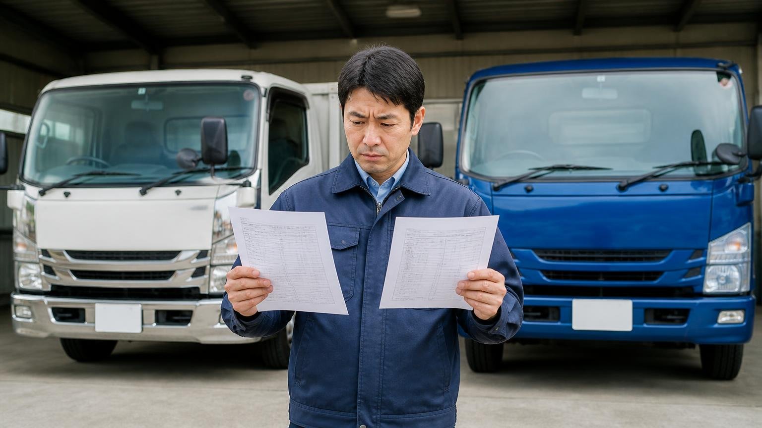 査定額が妥当か確かめる比較相手、車庫に並んだ2台のトラックの前で男性が2枚の見積書を見比べる