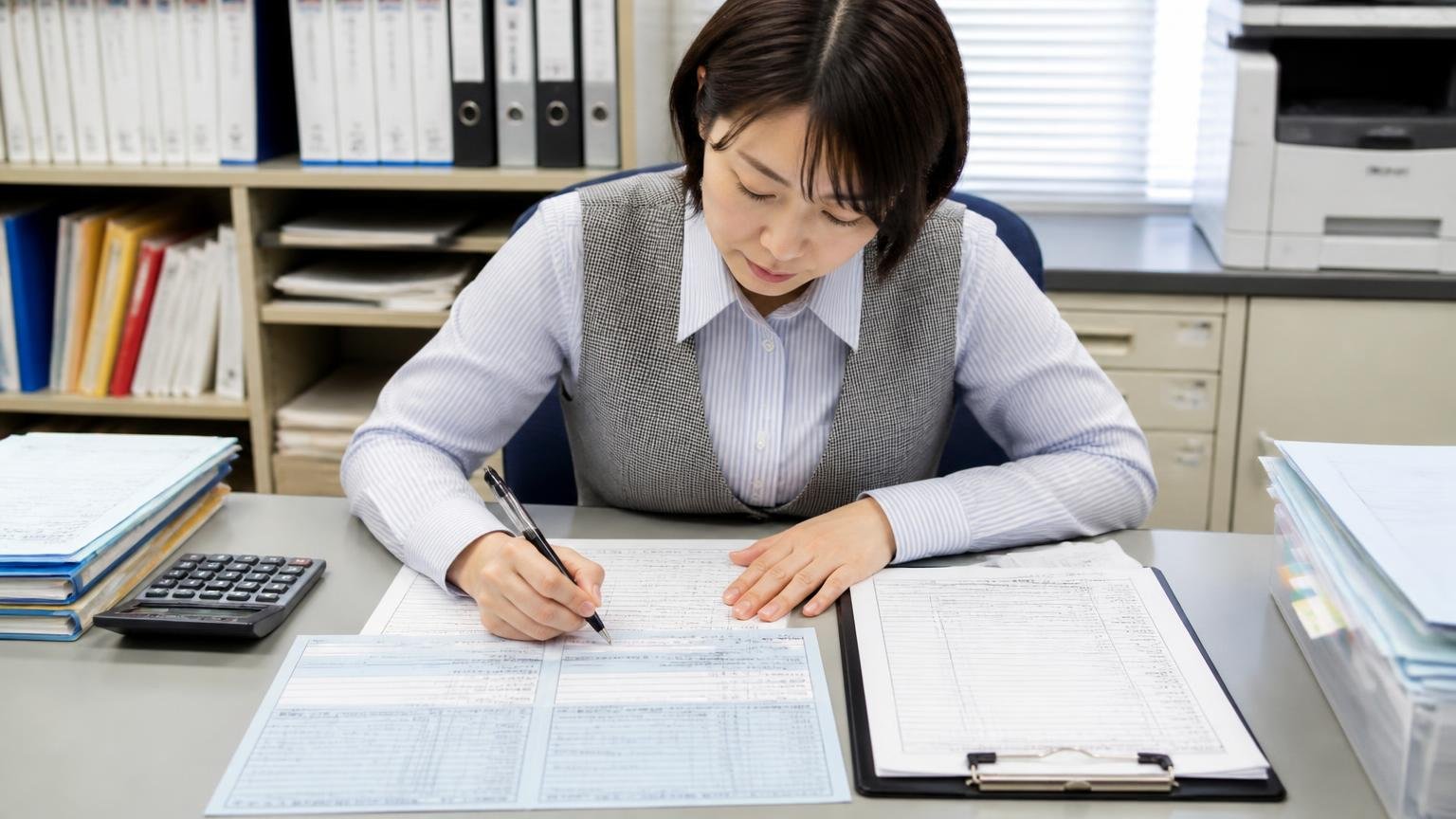 査定申込の前に揃える9項目と書類｜公式の「無料査定申込用紙」から逆算する、事務所の机に車検証と申込用紙を広げて記入する事務員の女性1人、集中