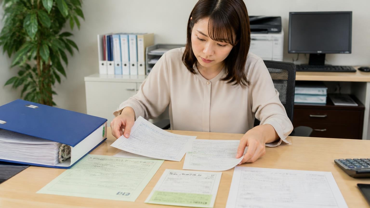 申込前に車検証やリサイクル券や整備記録をそろえる、事務所の机に書類をファイルから出して並べる30代女性1人、集中