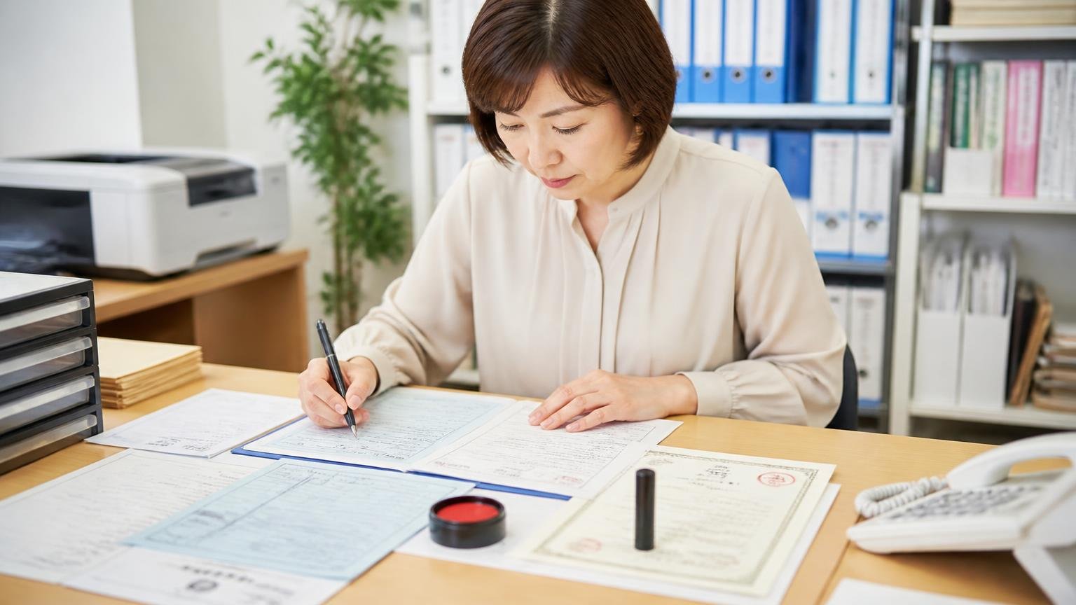 査定申込の前に揃える情報と書類|印鑑登録証明書は発行後3か月以内、事務所の机に車検証と書類を広げて記入する事務員の女性1人、集中
