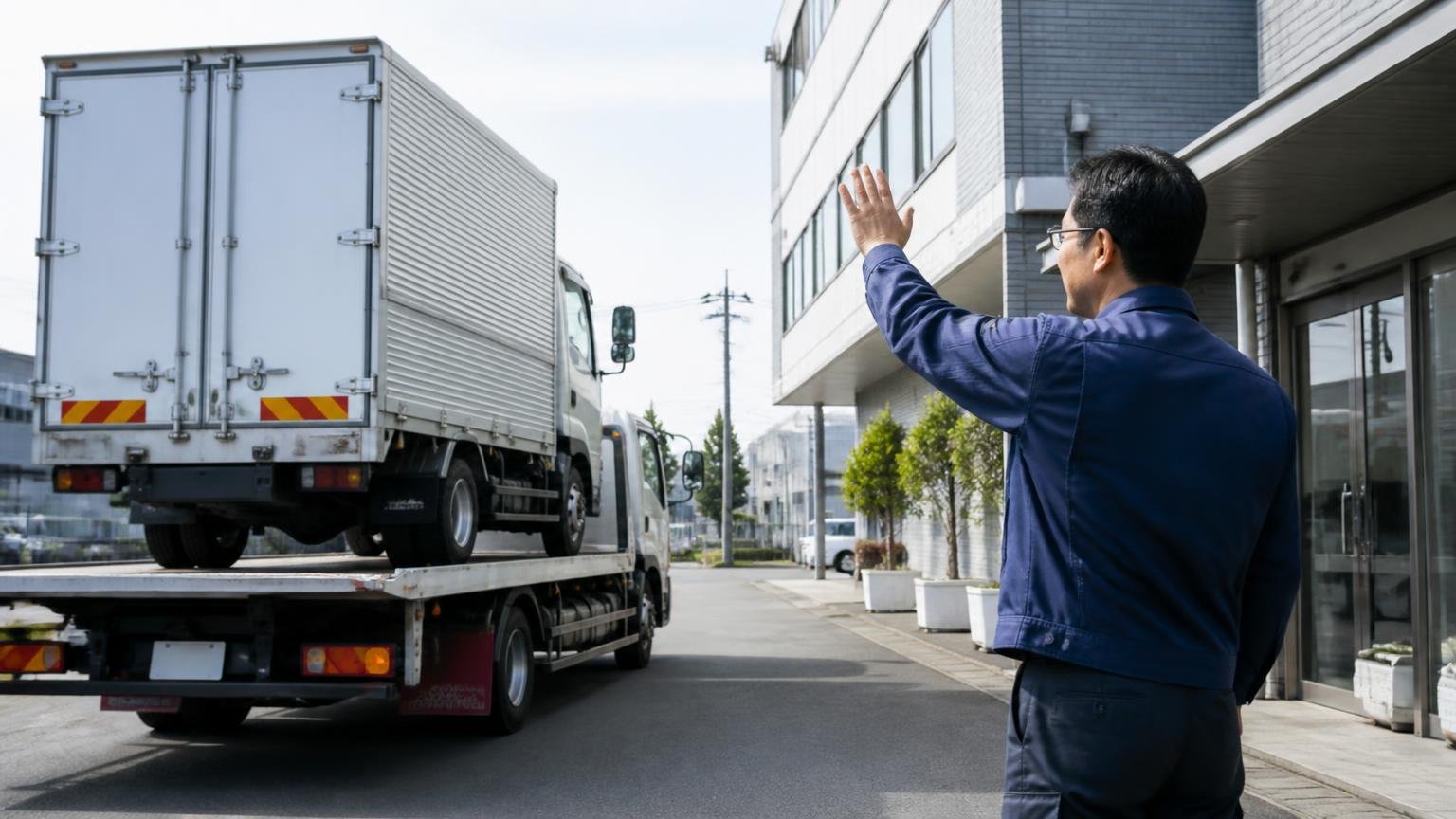 名義変更（移転登録）の期限と「名義変更後のコピー」。積車に載せられて出ていくトラックの背中を営業所の前で見送る運送会社の男性1人