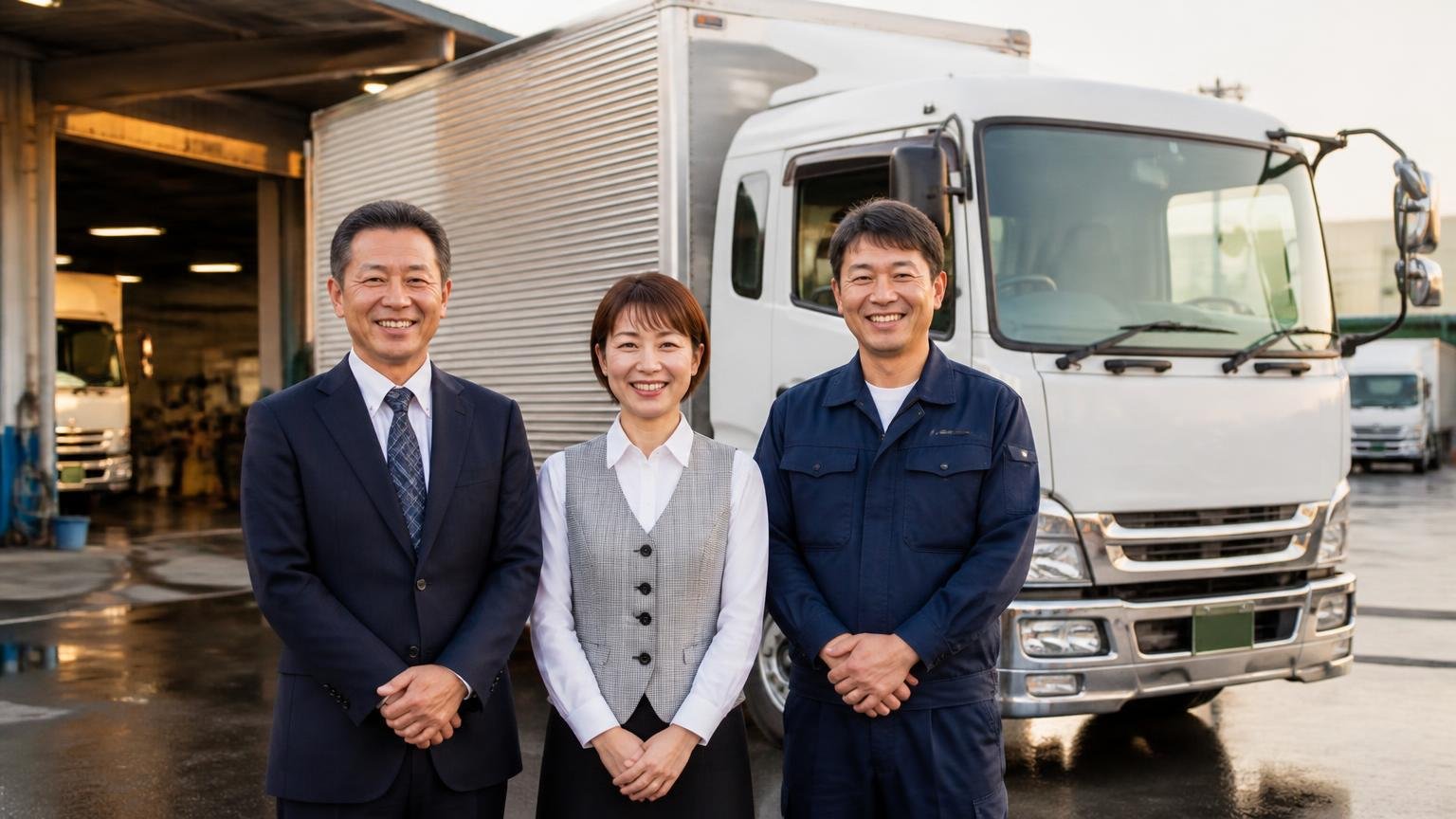 この記事の要点 夕方の運送会社の車庫で洗車を終えた4tトラックの前に並ぶ経営者と事務員とドライバーの3人が前を向いて笑顔