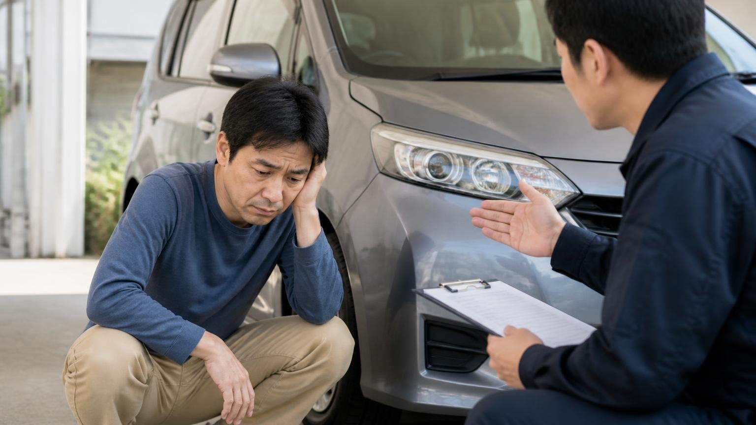 電話の概算を信じて当日の減額をそのまま飲む|車庫で査定士から減額の説明を受け肩を落とす40代男性1人