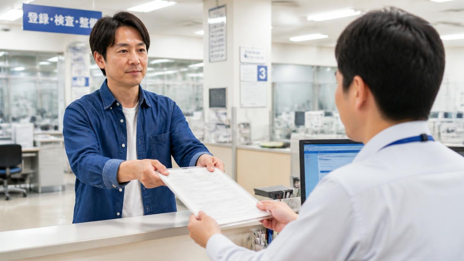 名義変更は「新所有者が15日以内」｜完了の期日を書面で決める。運輸支局の窓口で書類を提出する男性1人と受け取る職員1人