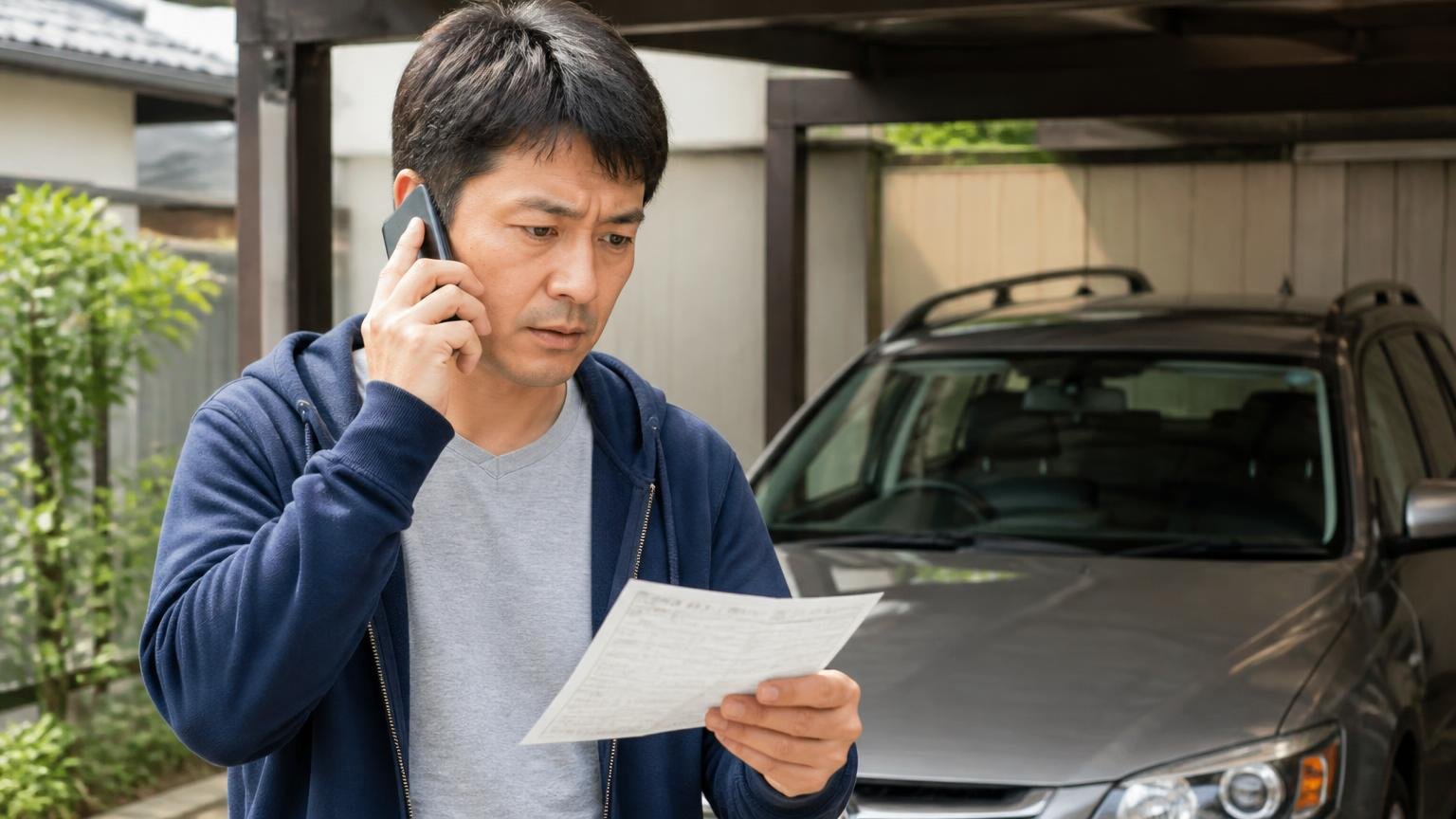 電話で聞くこと|査定料・出張費・対応エリア・減額条件・書類代行 早朝の車庫で車検証を片手に電話で質問するドライバー1人が真剣な表情