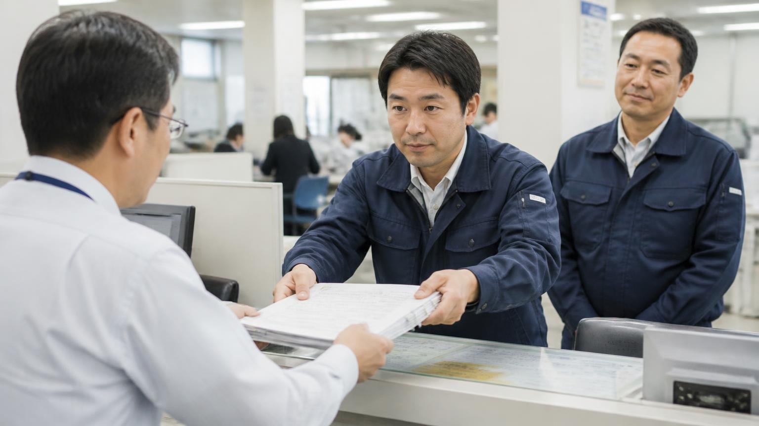 名義変更は「15日以内」、新潟の窓口は2か所 運輸支局の窓口で書類の束を差し出す業者の担当者と、うなずいて見守る運送会社の男性