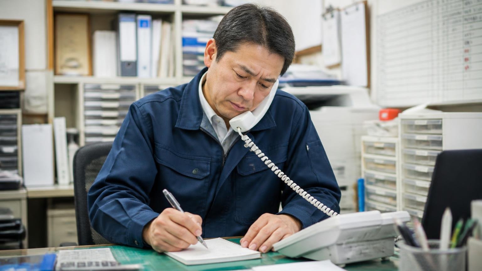 電話の金額は現車を見る前の目安 事務所で受話器を肩にはさみながら真剣な表情でメモを取る男性の事業主1人