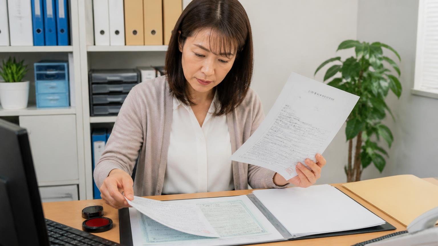 売却（名義変更）で売り手が用意する書類｜事務所の机に車検証と印鑑証明書を広げ、書類を一枚ずつ確かめる女性事務員