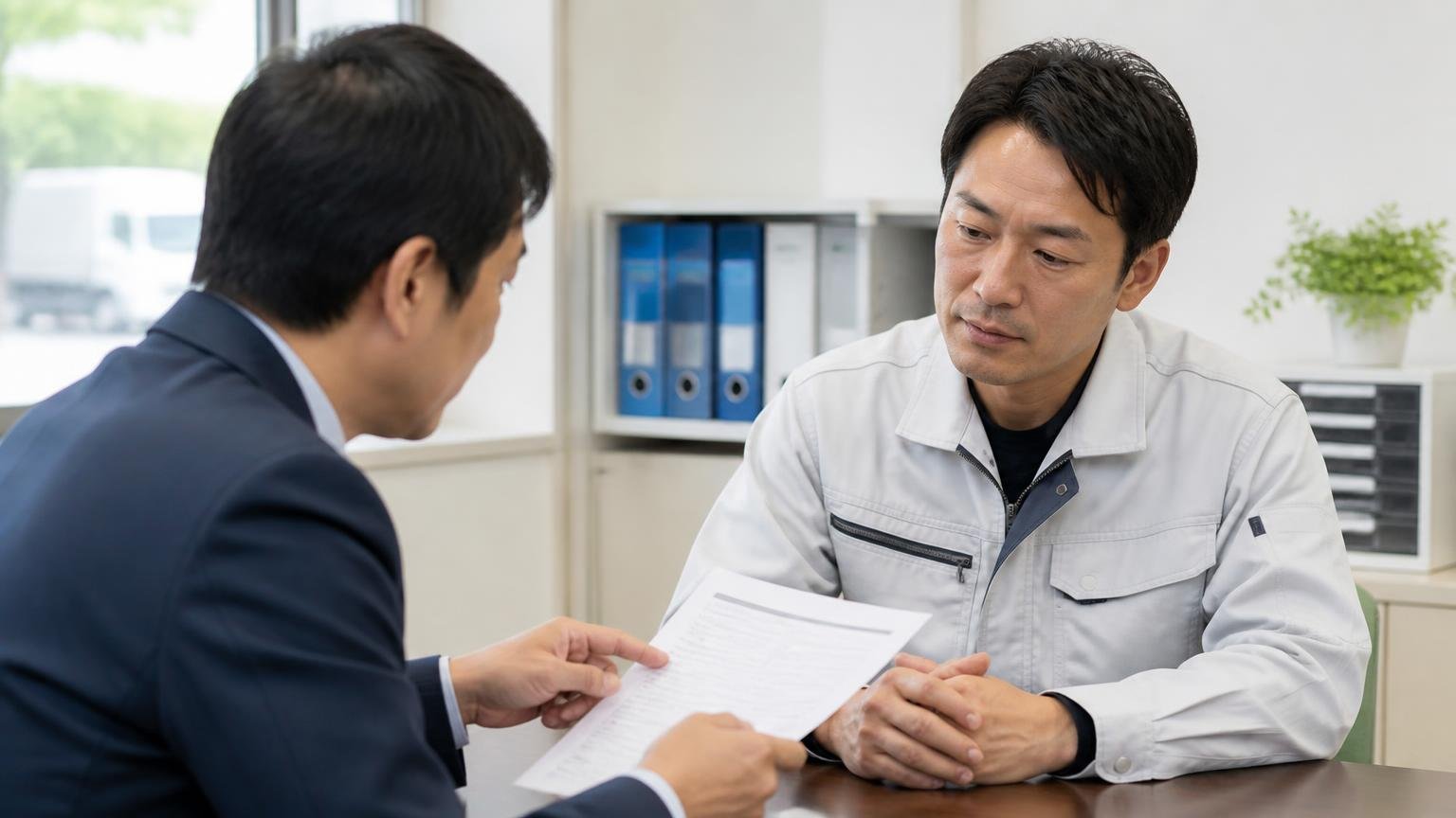 名義変更がいつ終わるのかを書面で確認する 営業所の事務所で買取業者の担当者から書類の説明を受けてうなずく運送会社の男性