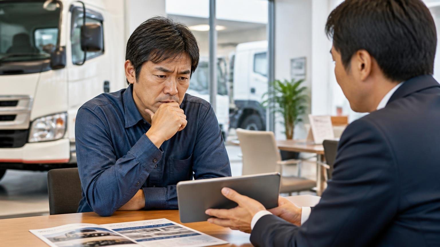 ディーラー下取りが向いている人・向いていない人、トラックディーラーの商談スペースで下取り額を聞いて考え込む40代男性と営業担当