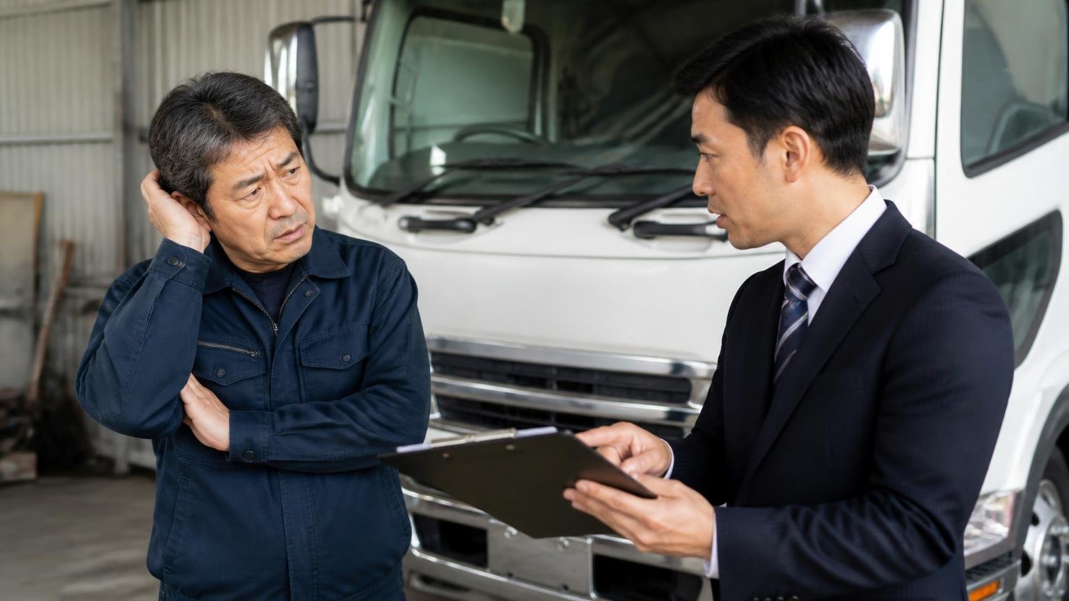 電話の概算と実車査定の金額は違うことがある|車庫でトラックを前に査定員から金額の説明を受け戸惑う50代男性