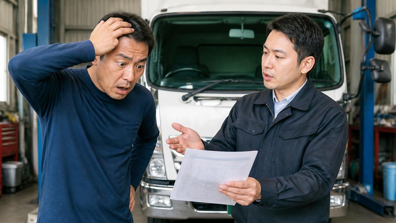 電話の金額と当日の金額が違う理由。車庫で見積書を見て言葉を失う4tトラックのオーナーと説明する査定員