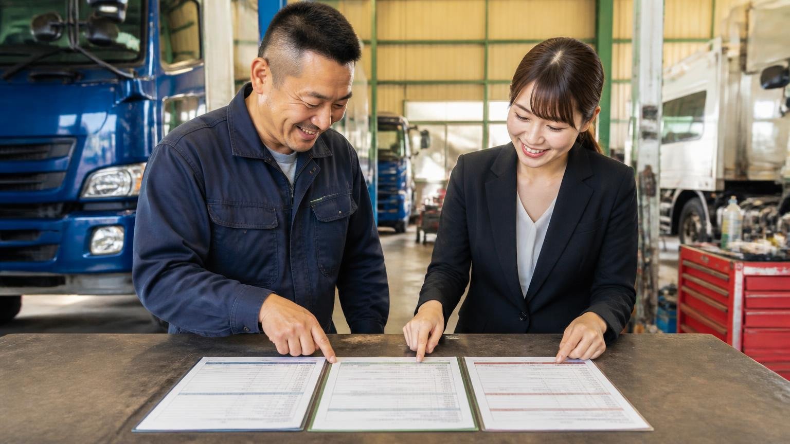 無料査定は2〜3社から取り、書面の見積もりを横に並べる:トラック車庫の作業台に見積書3枚を並べ、作業着の男性と女性事務員が指さし笑顔で比べる