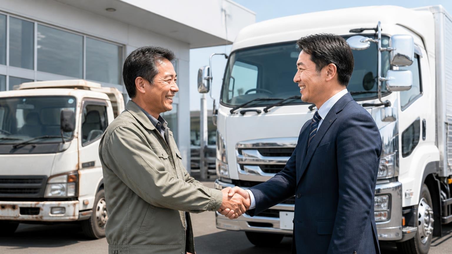 ディーラー下取りが向いているケース 販売店で新しいトラックの納車と同時に古いトラックを引き渡して握手する男性2人