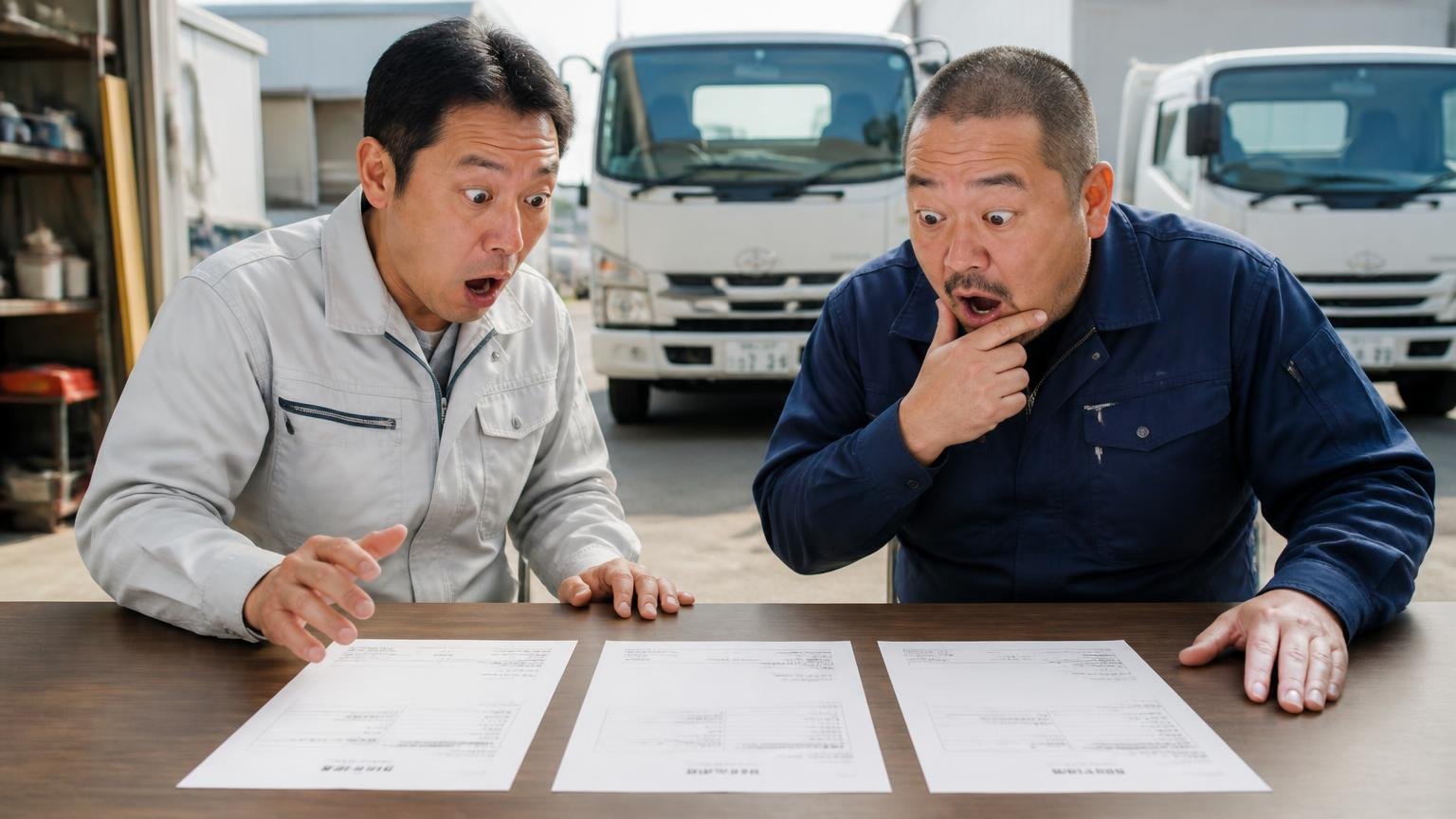 同じ条件で2〜3社の見積もりを横に並べる 車庫前のテーブルで3枚の見積書を並べて驚くトラックの持ち主の男性2人