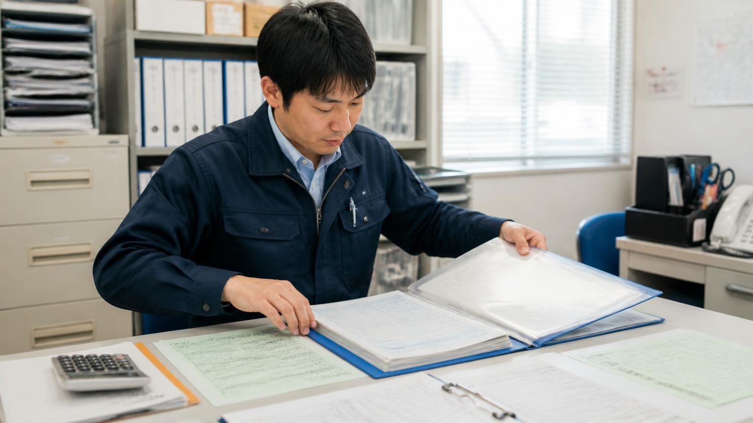 査定の前に書類と伝えることをそろえておく、営業所の事務机にトラックの車検証や整備記録簿を並べてファイルに整理する男性事務員1人
