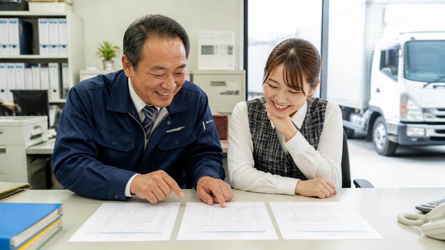 書面の見積もりを横に並べる 運送会社の事務所の机に3枚の見積書を並べて見比べ笑顔になる社長と女性事務員の2人 窓の外に4tトラック