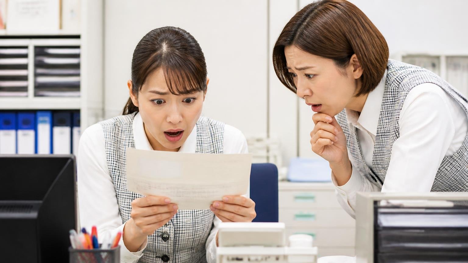 自動車税は4月1日の名義にかかる、事務所で届いたトラックの納税通知書を手に青ざめる女性事務員と横でのぞき込む同僚