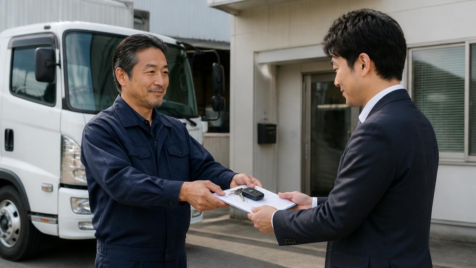 申し込みから入金までの5ステップ 営業所の前でトラックの鍵と書類を買取業者の担当者に手渡す運送会社の社長