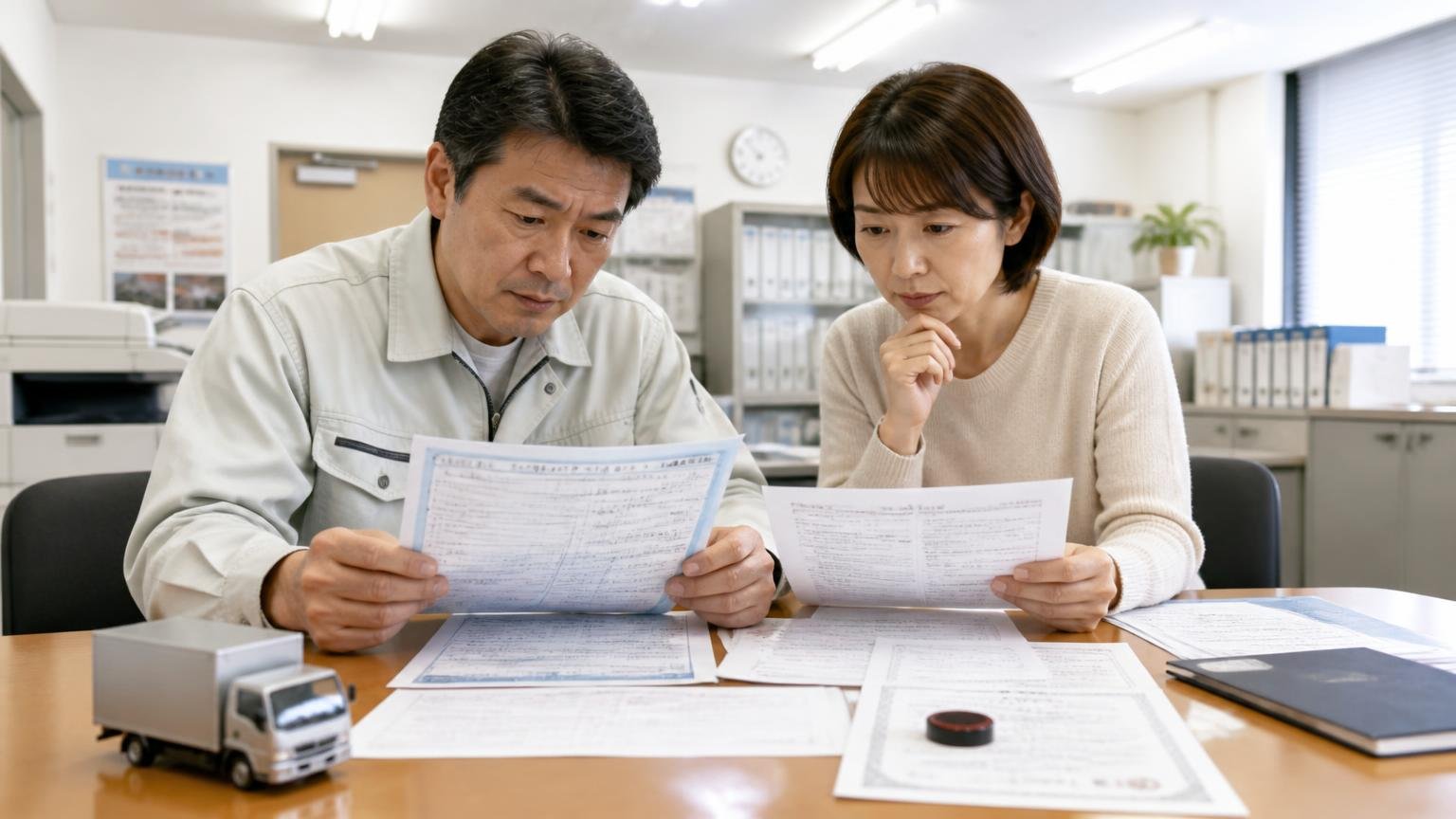 必要書類をそろえ車検証の所有者を確かめる 事務所の机にトラックの車検証や印鑑証明を広げて一枚ずつ確認する夫婦