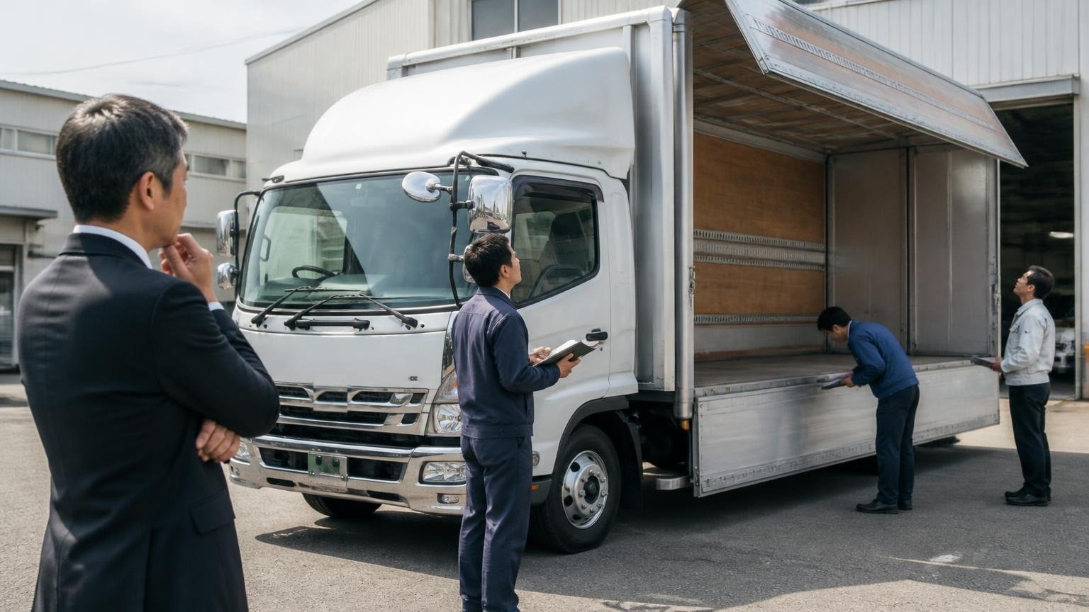 無料査定は2〜3社取り書面で並べる|営業所の車庫で3社の査定員が順番に4tウイングトラックを確認する様子を見守る社長1人