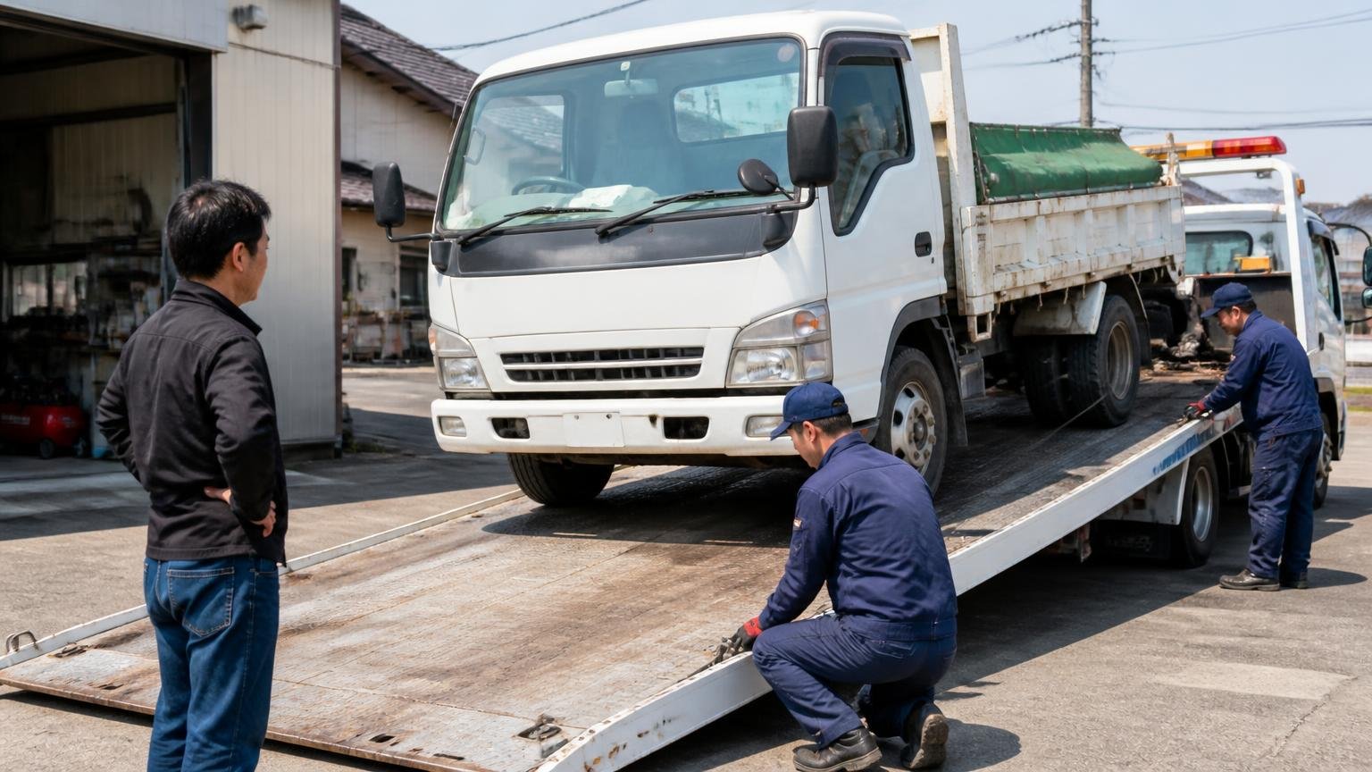 問い合わせから入金までの流れ 早朝の車庫で2tトラックを積載車に載せる準備をする持ち主の男性と作業員2人