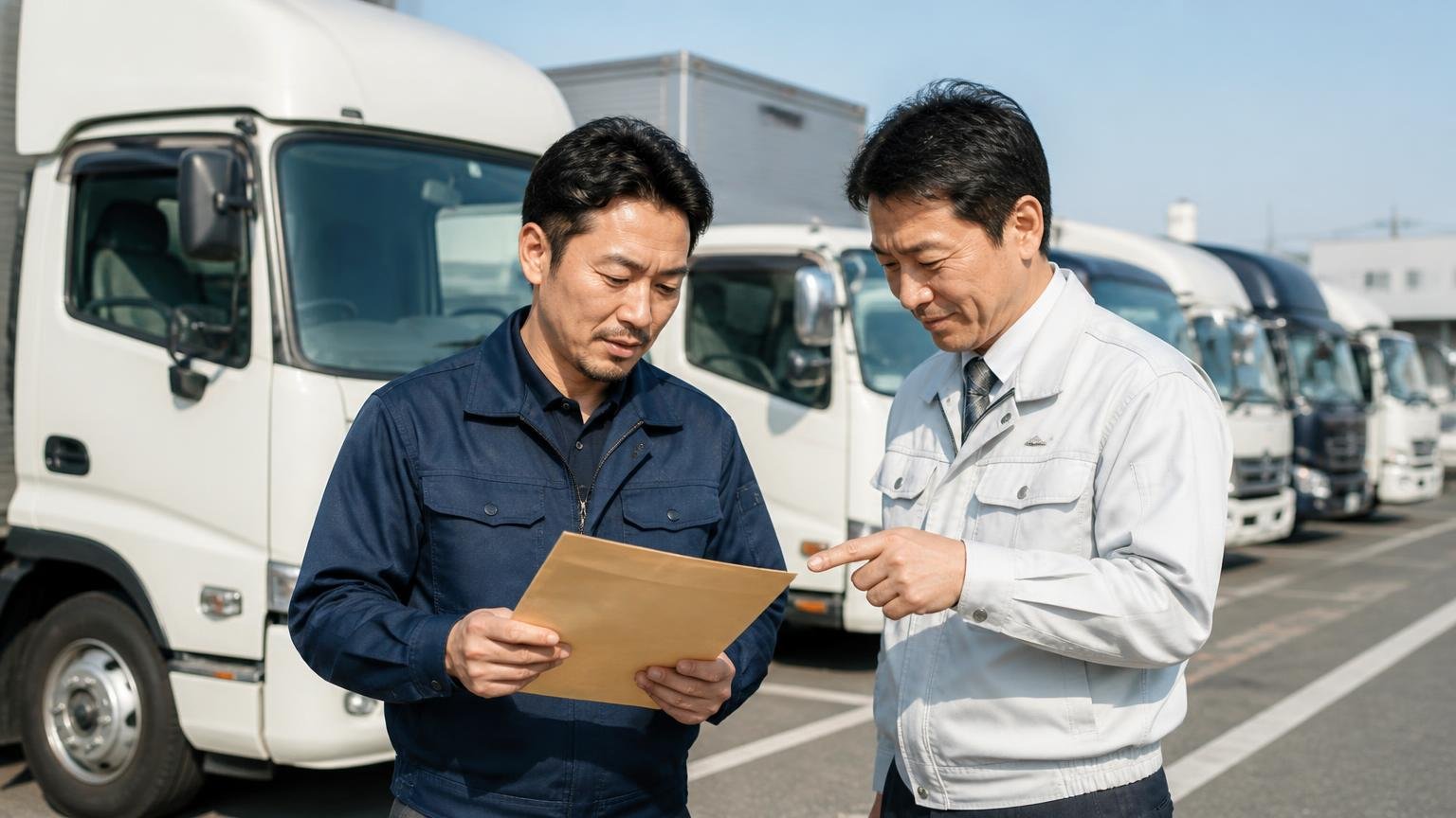 名義変更の窓口はナンバーで分かれる、トラックが並ぶ屋外の駐車場で書類の封筒を手にした業者スタッフ2人が行き先を確かめてうなずく