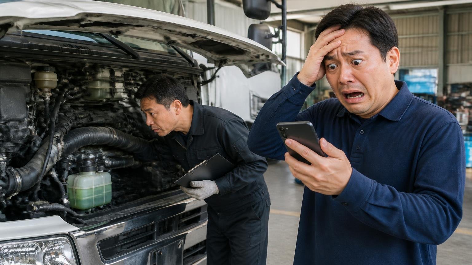 電話やネットの概算は「確定額」ではない 車庫でトラックのエンジンをのぞき込む査定員の横で、スマホを握りしめ青ざめるドライバー