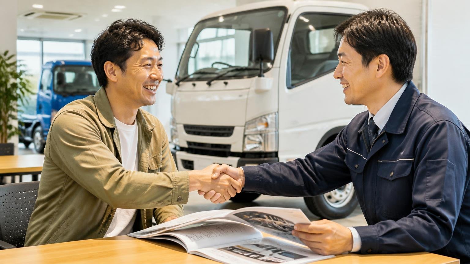 ディーラー下取りが向いている人、トラック販売店の商談スペースで新車のカタログを手に笑顔で握手する男性2人