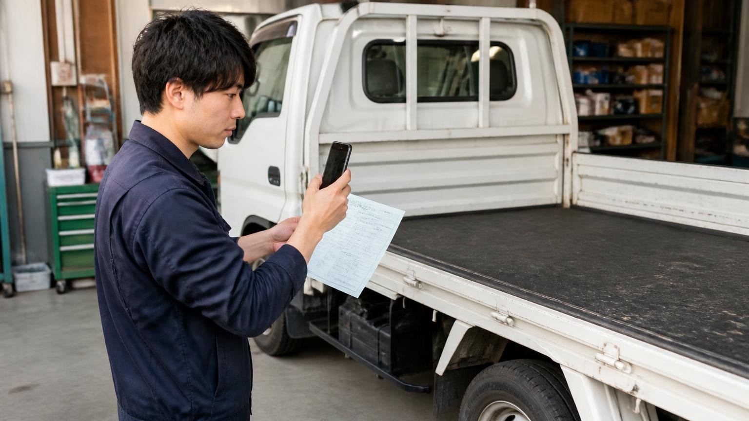 査定前の準備|車庫でトラックの車検証とスマホを手に荷台の写真を撮る独立したばかりの若い男性ドライバー