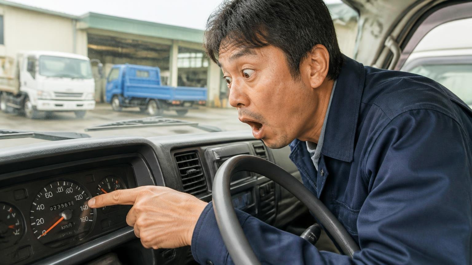 低年式トラックの価値を見直す場面。早朝の車庫で走行距離計をのぞき込む男性1人が驚いた表情を見せる