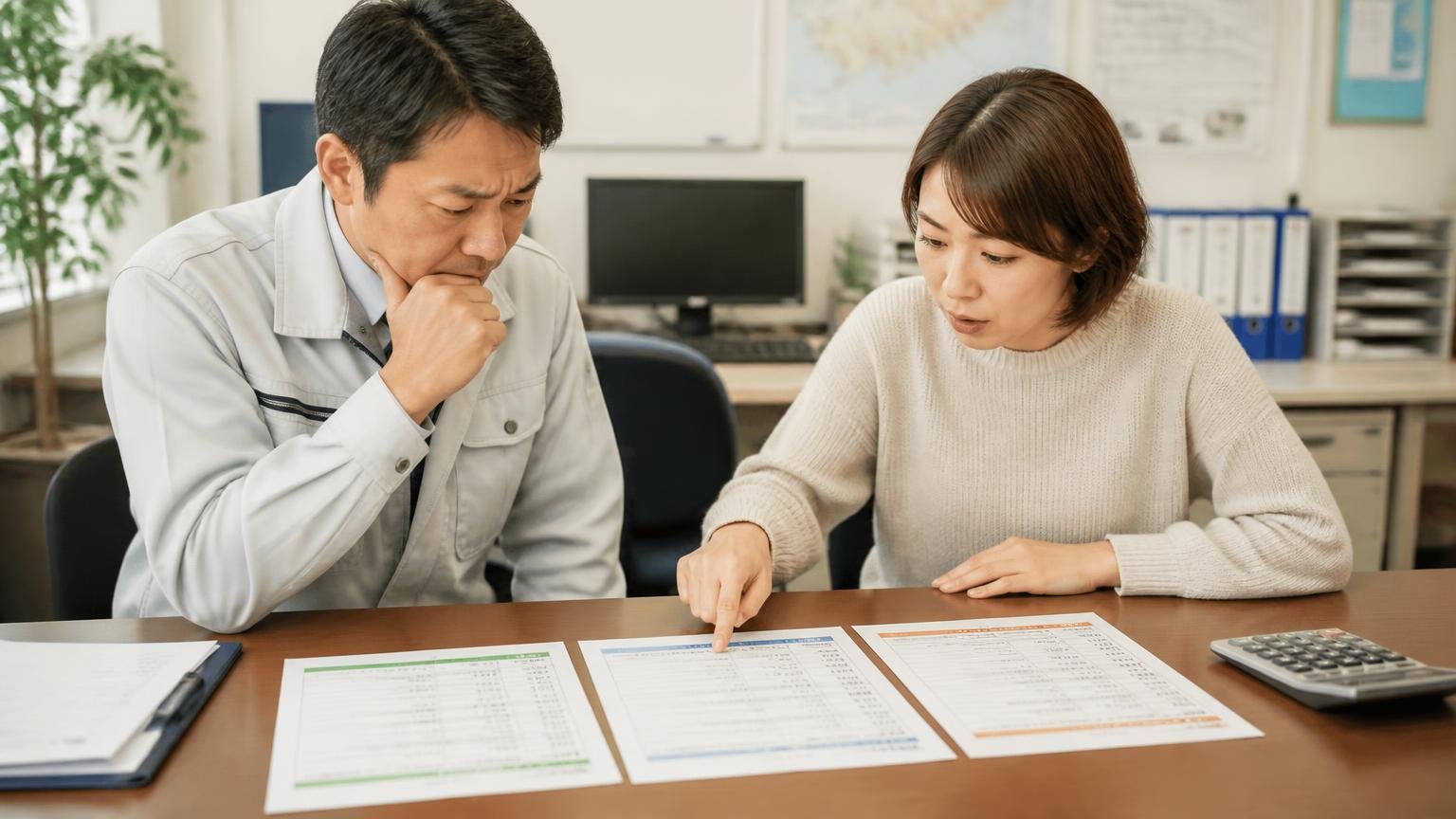 南商会の査定額が妥当か確かめたい人が比較相手に選んでいるトラック買取業者3選、複数の見積書を机に並べる事務所、男女2人、金額を指さして比べる