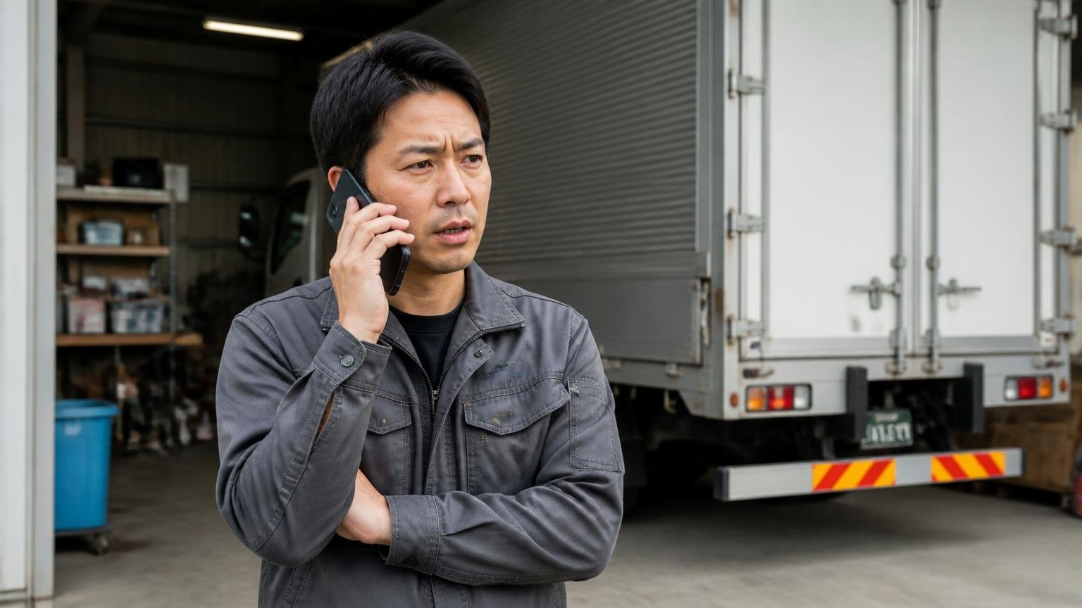 電話やLINEで金額を聞くときに必ず一緒に聞くこと 車庫でトラックを背にスマホで通話する男性1人が真剣に話す