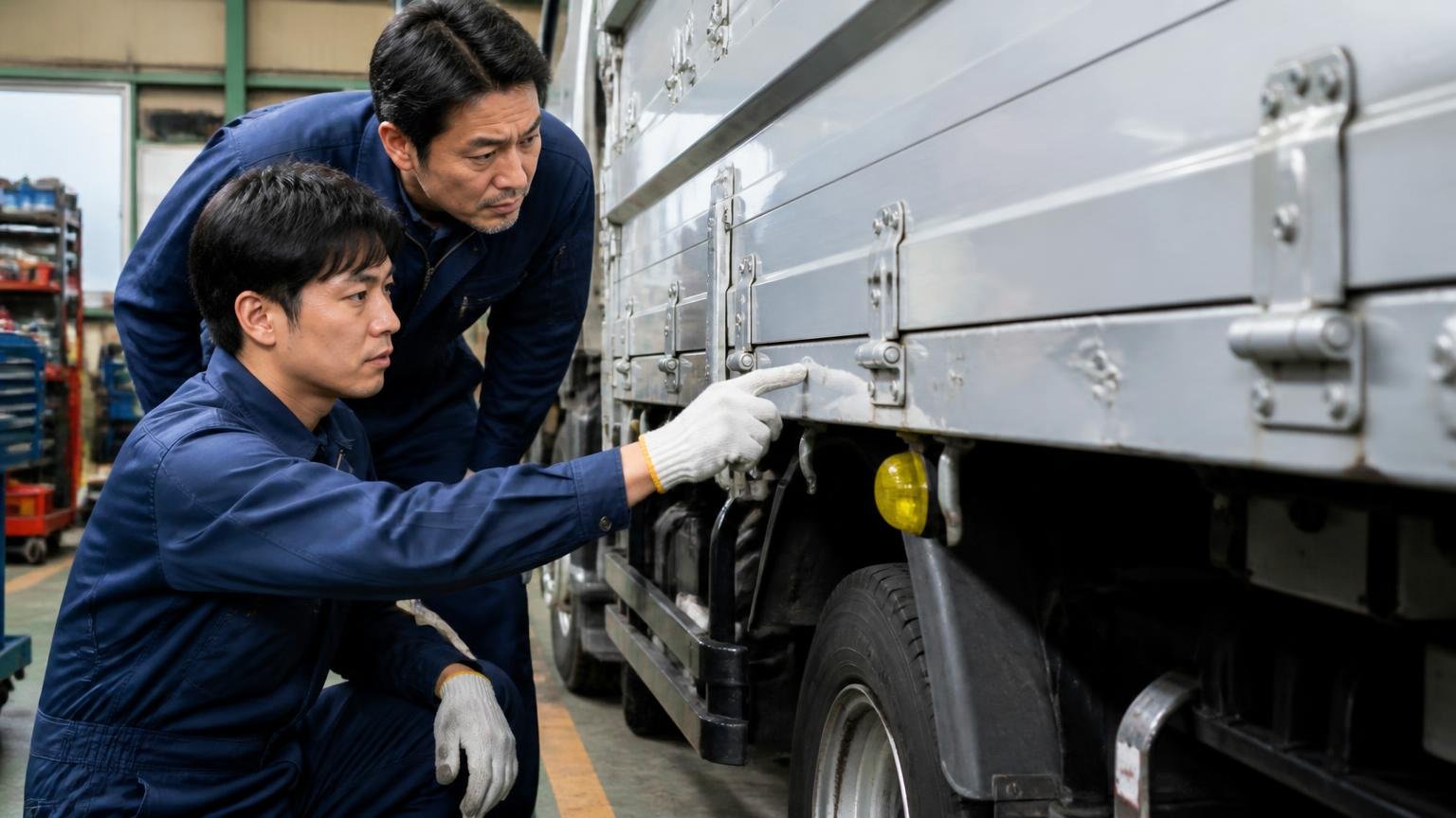 自社工場で直せる強み。作業着の整備士2人が、工場でトラックの荷台の板金部分を確認する