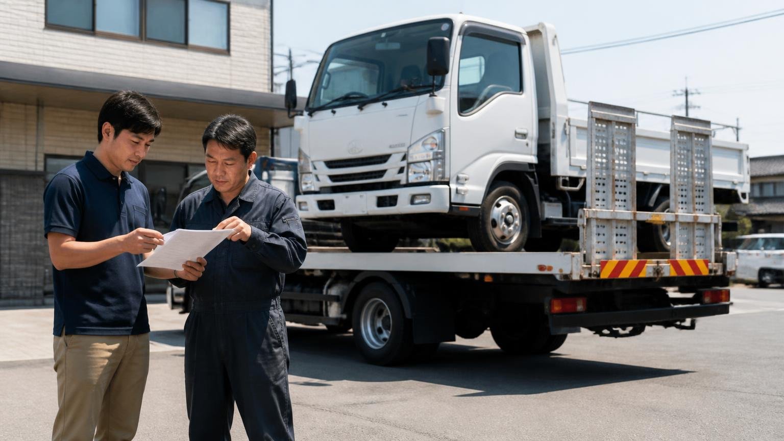 大阪府外の人が近畿自販の代わりに検討している選択肢 積車に載せられるトラックの前 男性2人 書類を確認しながら見送る