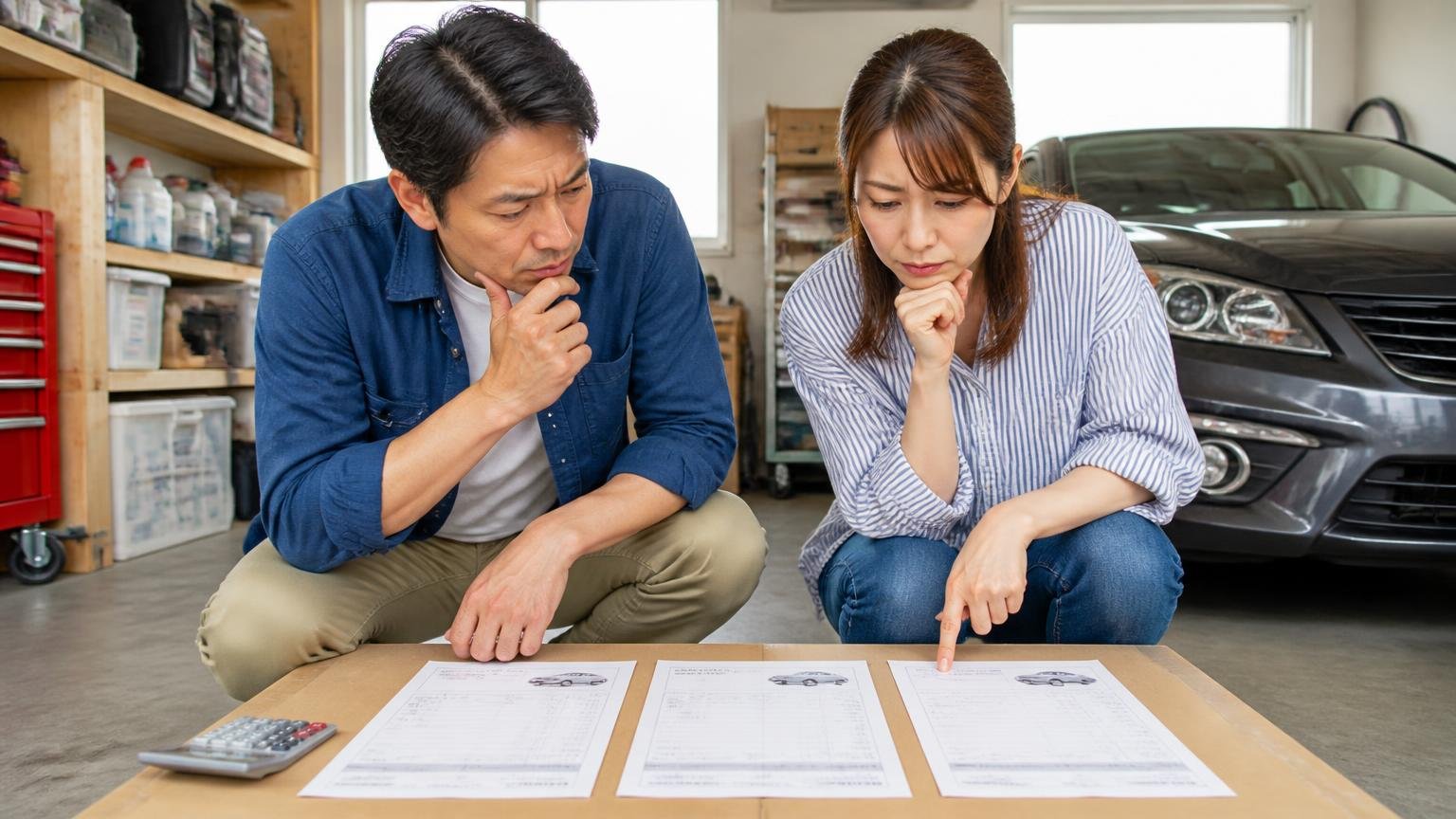 査定額が妥当か確かめる人が選ぶ比較相手。車庫で3枚の見積書を並べる男女2人
