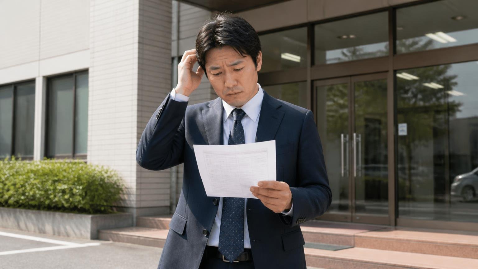 1社の見積書には比べる物差しがついてこない、営業所の前で1枚の見積書を持ったまま立ち尽くす男性1人