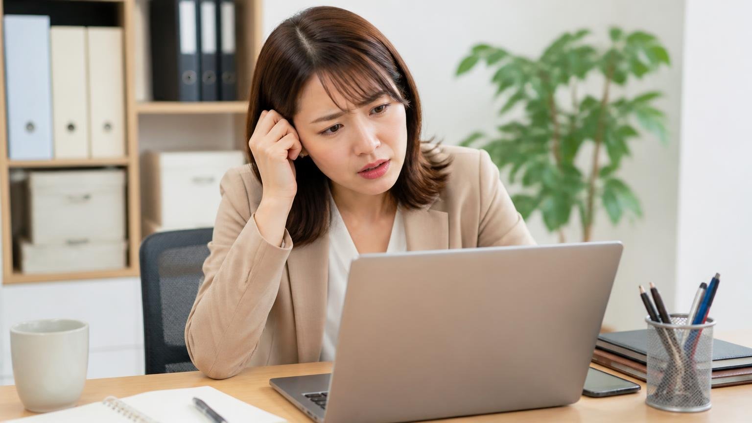 査定料・出張費・書類代行は公式サイトに記載がない。事務所でパソコンの買取ページを見ながら首をかしげる場面。30代女性が困惑