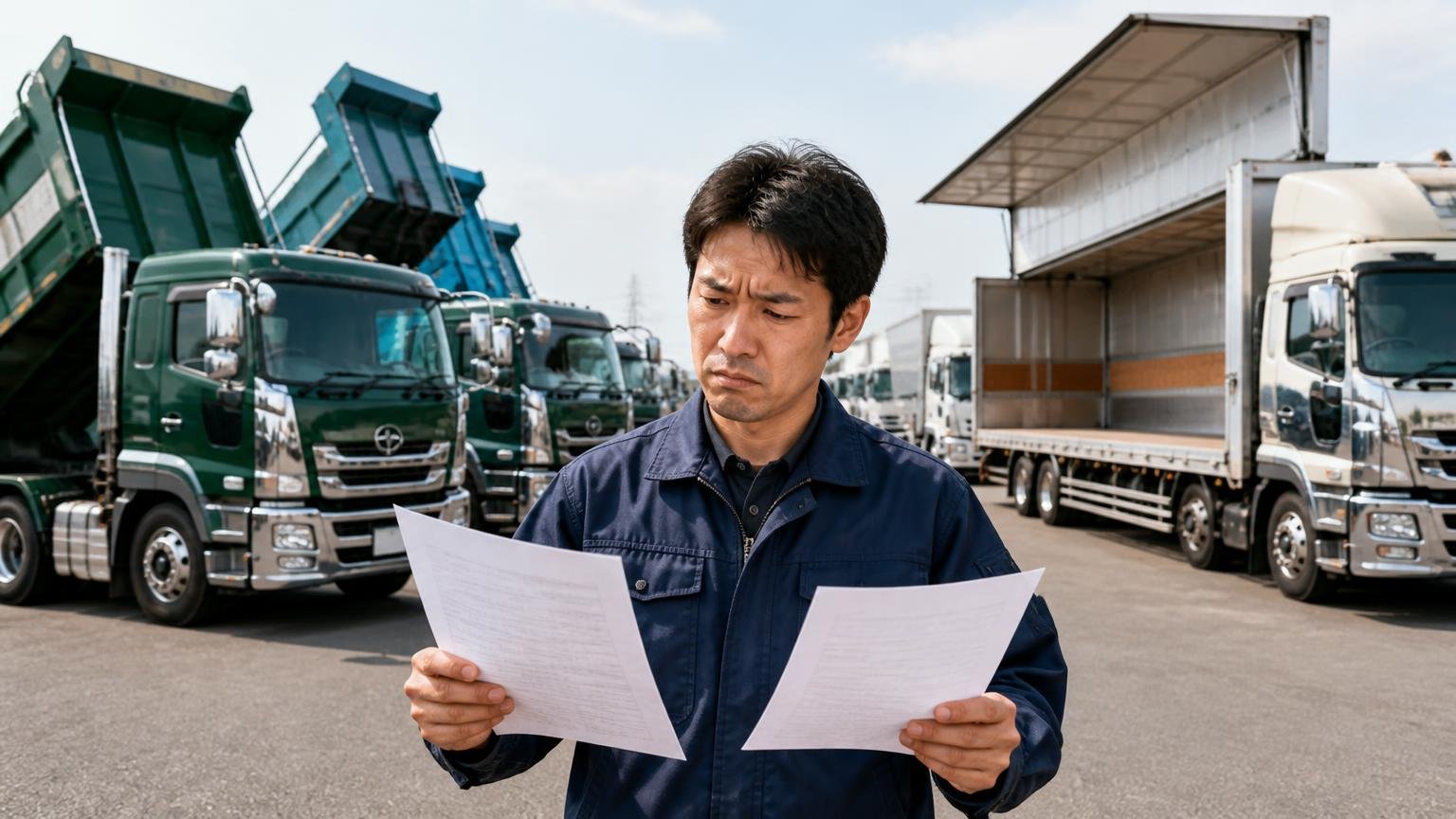 業者ごとに得意な車両が違う 大きな車両置き場に並ぶダンプとウイングを前に2枚の見積書を見比べる男性1人