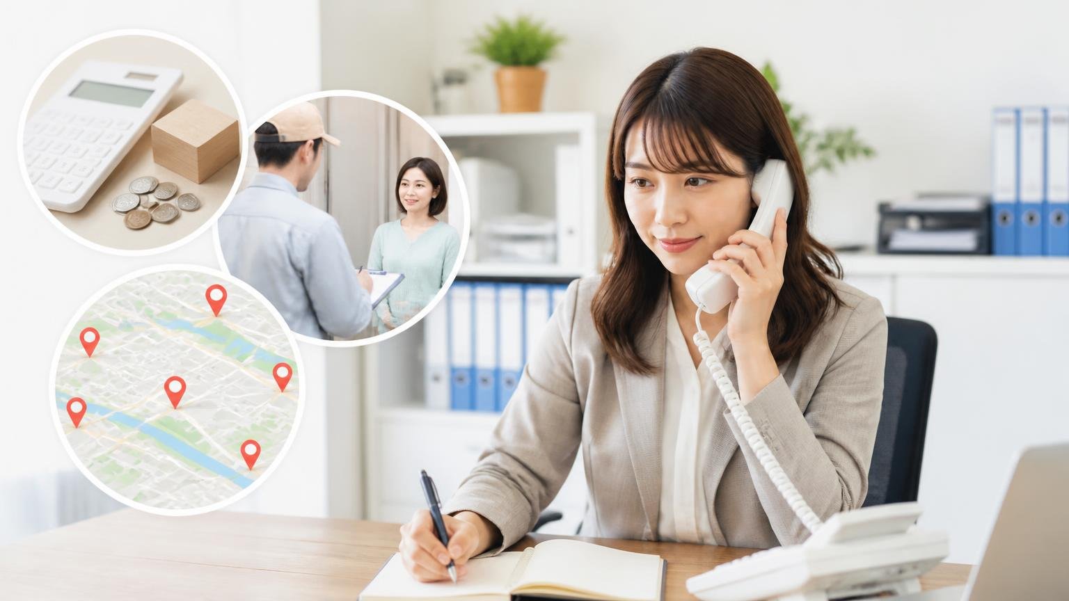 査定料・出張費と、出張査定に来てもらえるエリア、事務所のデスクで受話器を持ちメモを取る30代女性