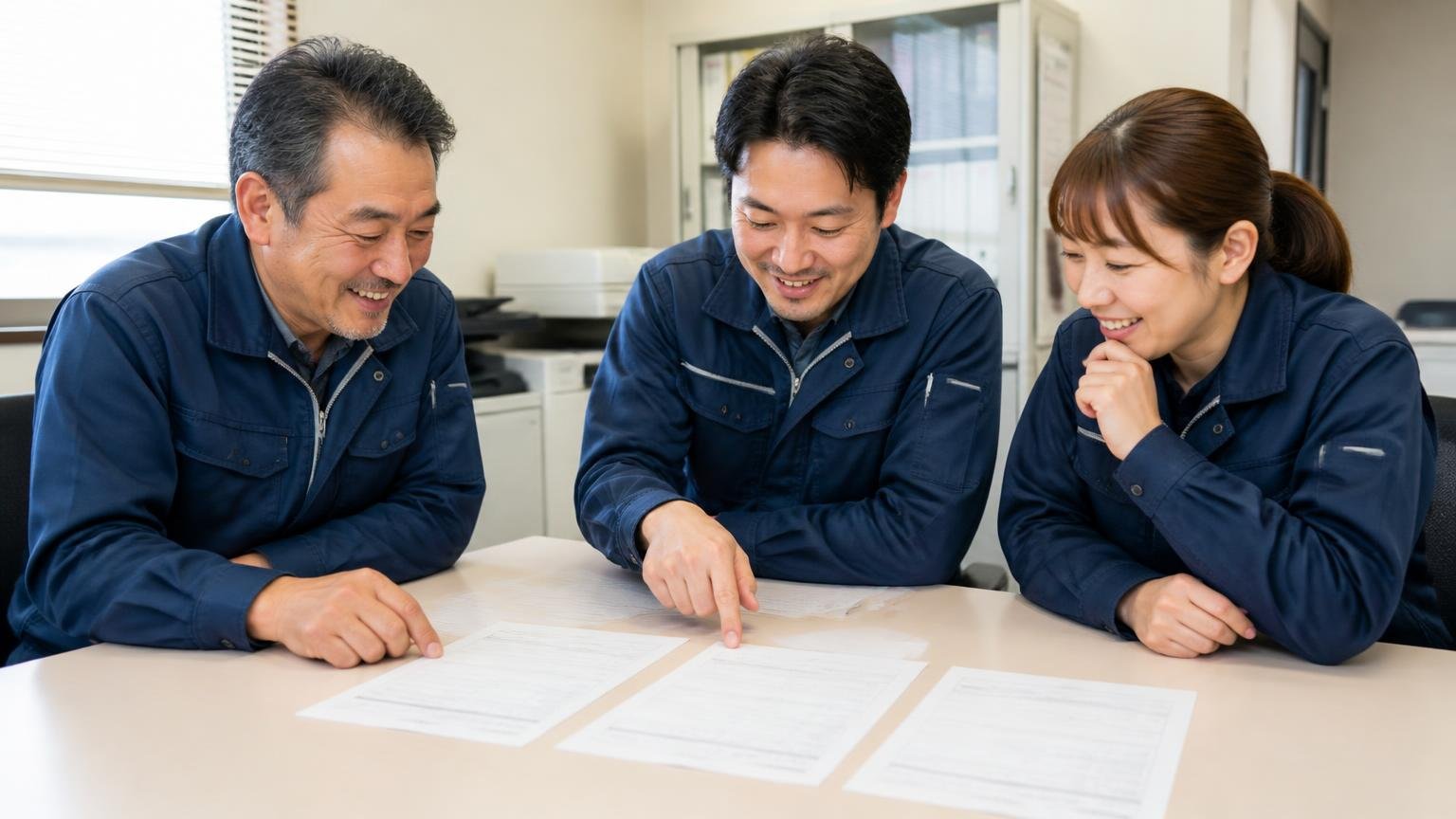 無料査定を2〜3社に頼み、書面の見積もりをそろえる 事務所のテーブルに3枚の見積書を並べて比べながら笑顔を見せる家族経営の運送会社の3人