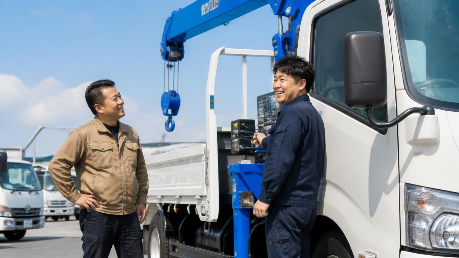 パークトラックが向いている人|現車を見に行けて、働く架装を探している人 展示場でクレーン付きトラックを動かし笑顔で確かめる男性2人