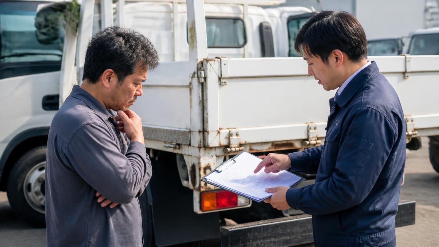 電話・メールの金額は「概算」|減額の条件を書面で聞いておく(トラックの荷台まわりを確認する屋外で、査定士が見積書を客に指し示す)