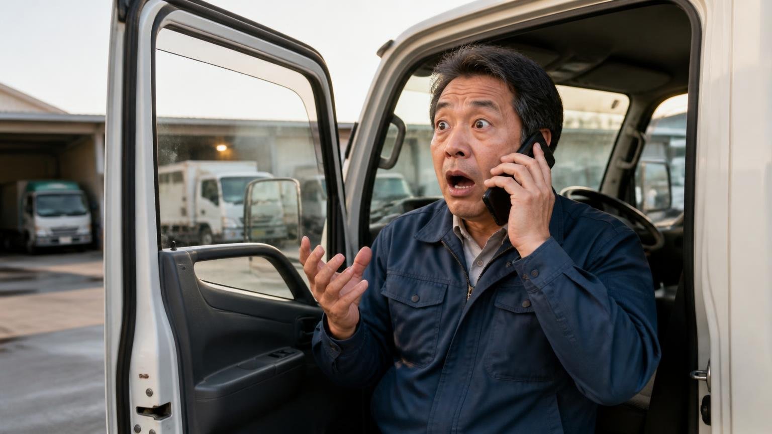 電話の概算を「決まった金額」だと思い込む、早朝の車庫で運転席のドアを開けて電話する場面、中年のドライバー1人、驚いて目を見開く