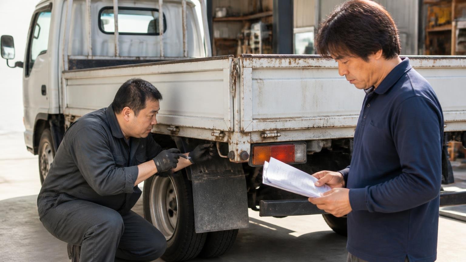 電話やメッセージで聞いた金額は「概算」|減額の条件を書面で聞く(車庫でトラックの荷台を点検する査定員と、見積書を手に見守るドライバー)