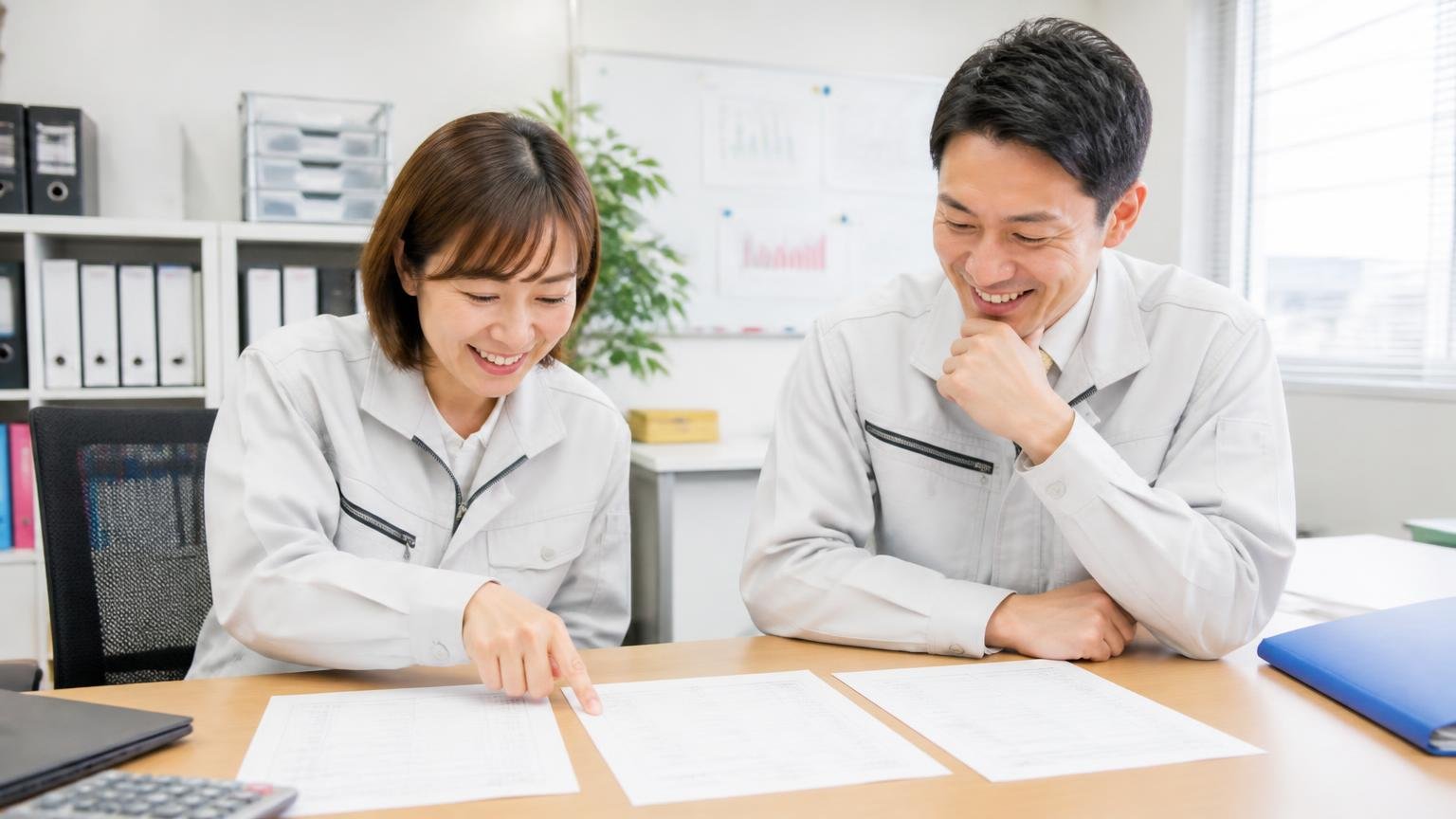 ゲットラックの見積もりと並べる2社目に。査定料・出張費が無料のトラック買取業者3選 事務所で3社の見積書を机に並べて笑顔で見比べる運送会社の男女2人