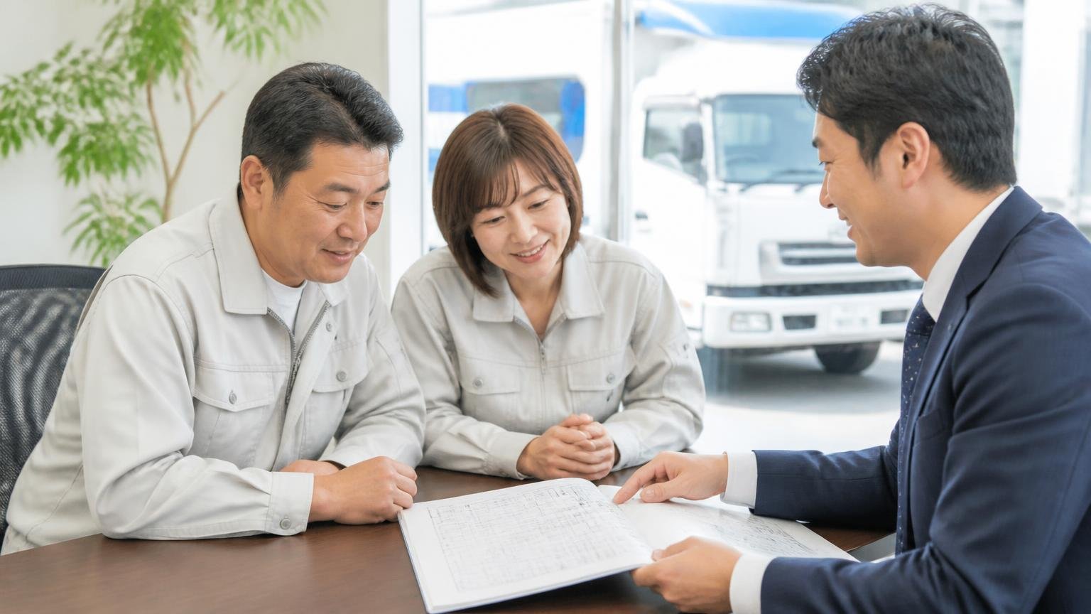 公式サイトで案内されている買取の特徴、トラック買取店の事務所で車検証を広げて担当者の説明に何度もうなずく運送会社の夫婦2人