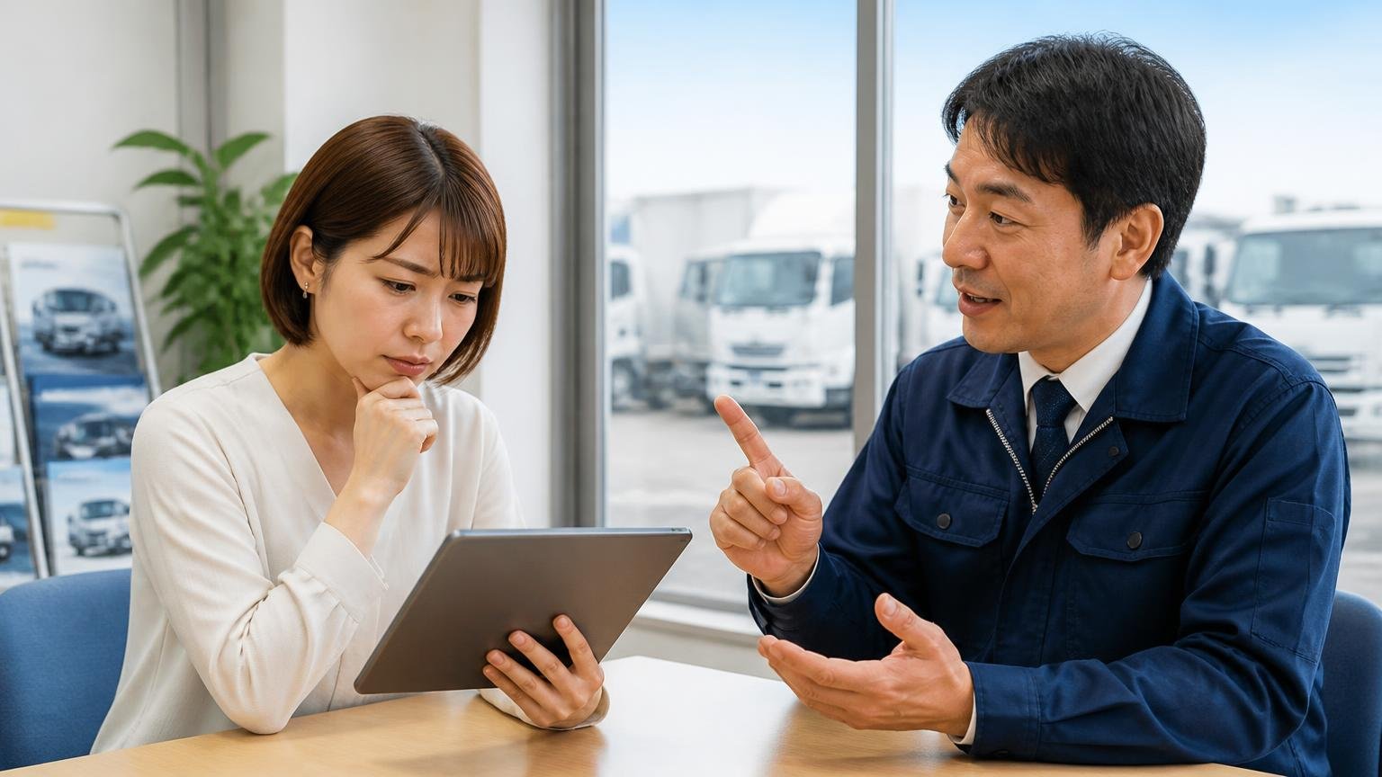 高見トラックセンターの評判でよくある質問 事務所の窓際でタブレットを見ながら質問する女性1人と答える男性1人