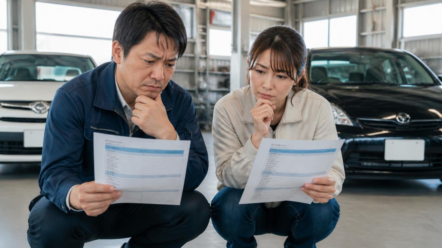 つくばマイカーの金額を測るために横に並べたい買取業者。営業所の車庫で2枚の見積書を並べて見比べる男性と女性